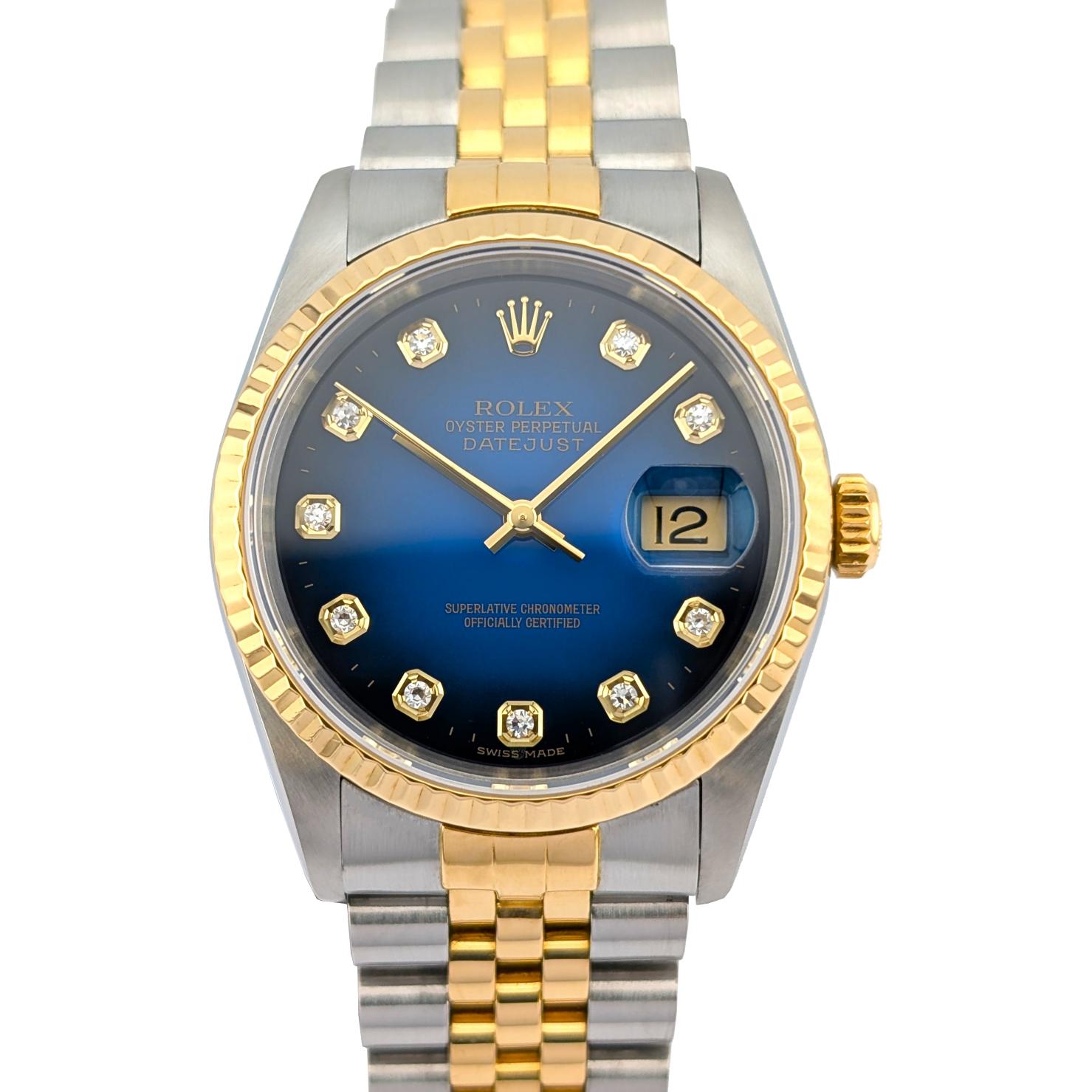 1 Rolex 16233G Datejust Vignette Blue Diamond Dial 36mm 1998 Pouch & RSC